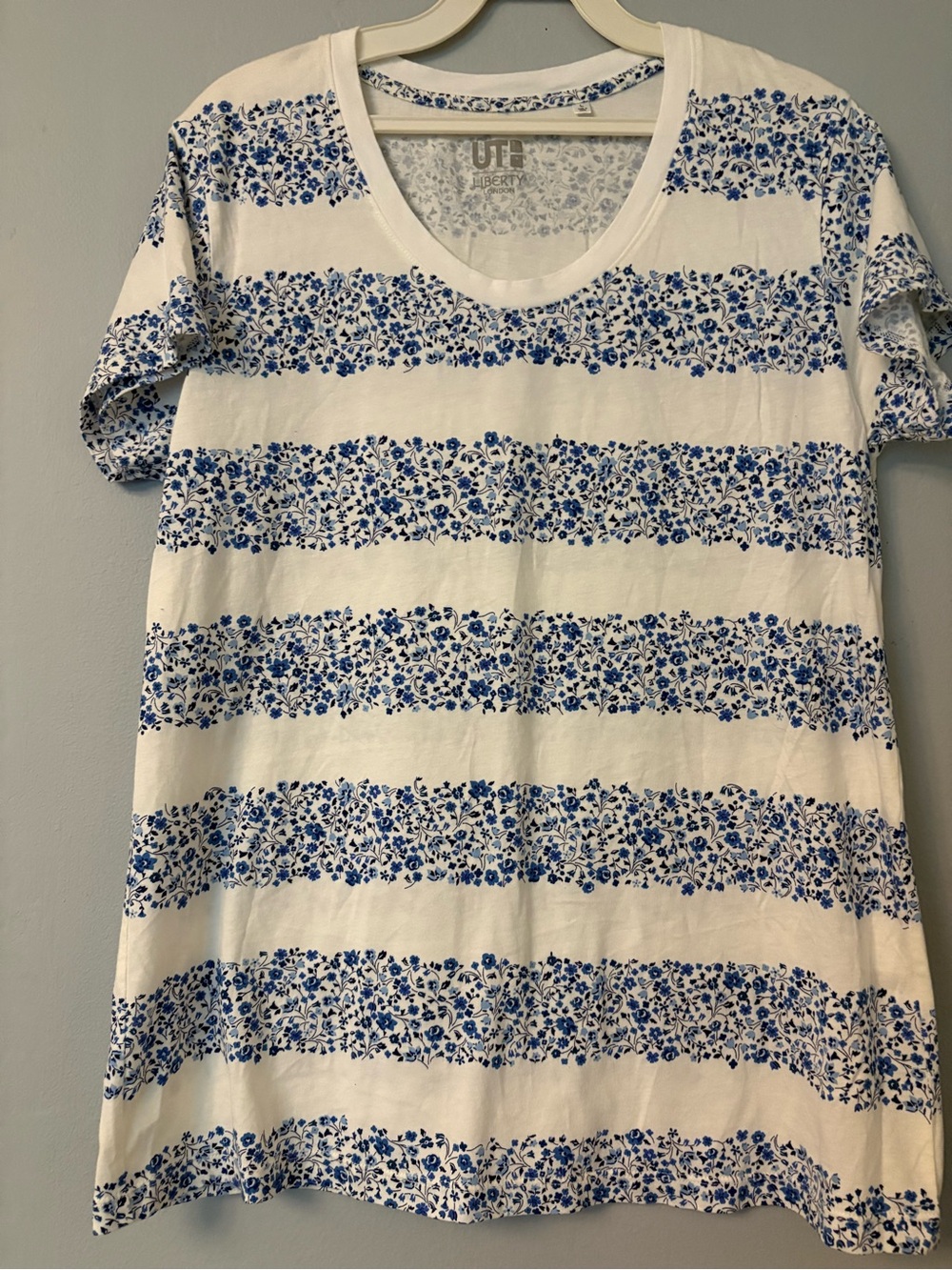 Liberty of London White and Blue Floral Stripe Scoop Neck Tee